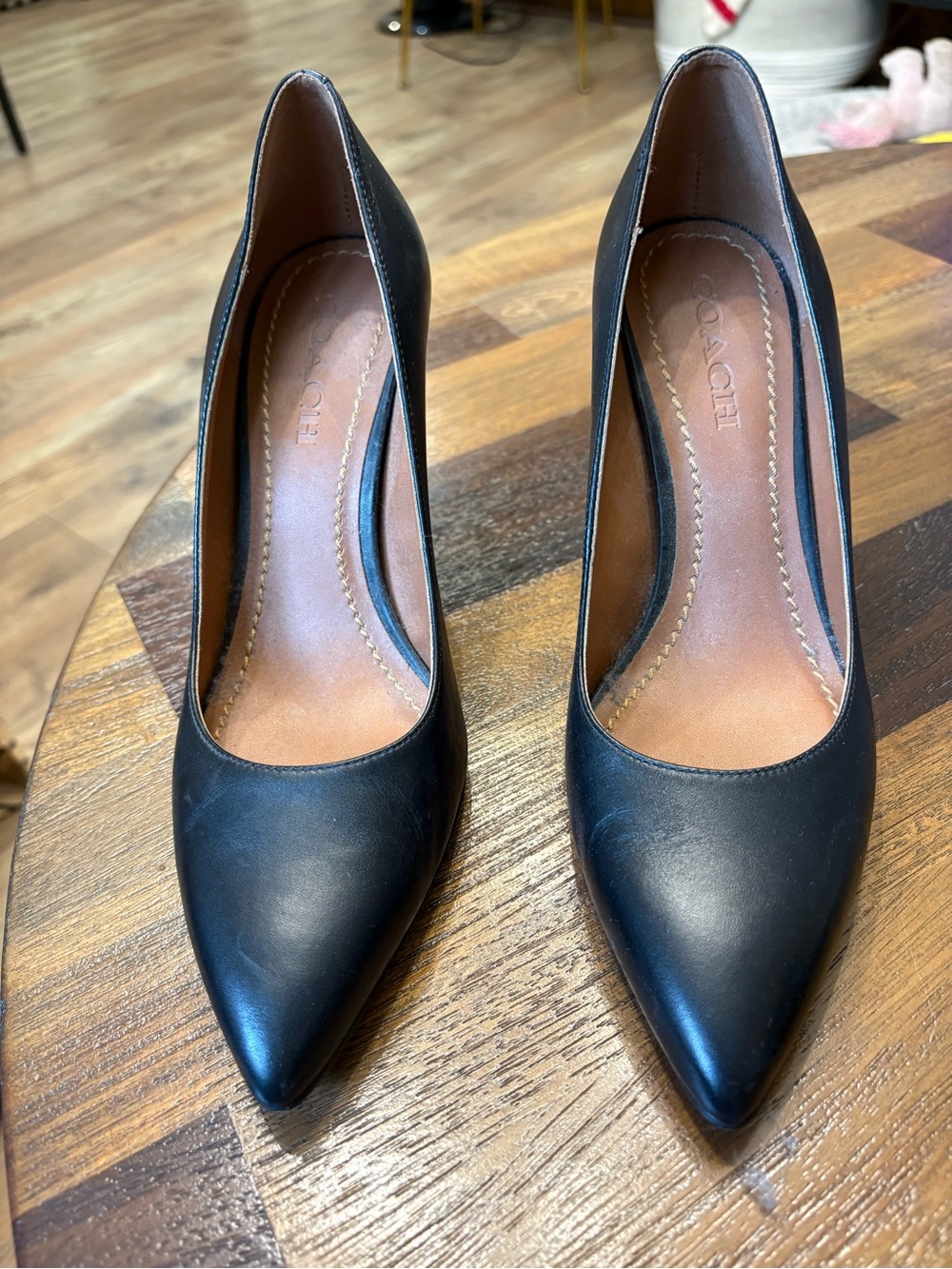 COACH Black Leather Pointed Toe Heels